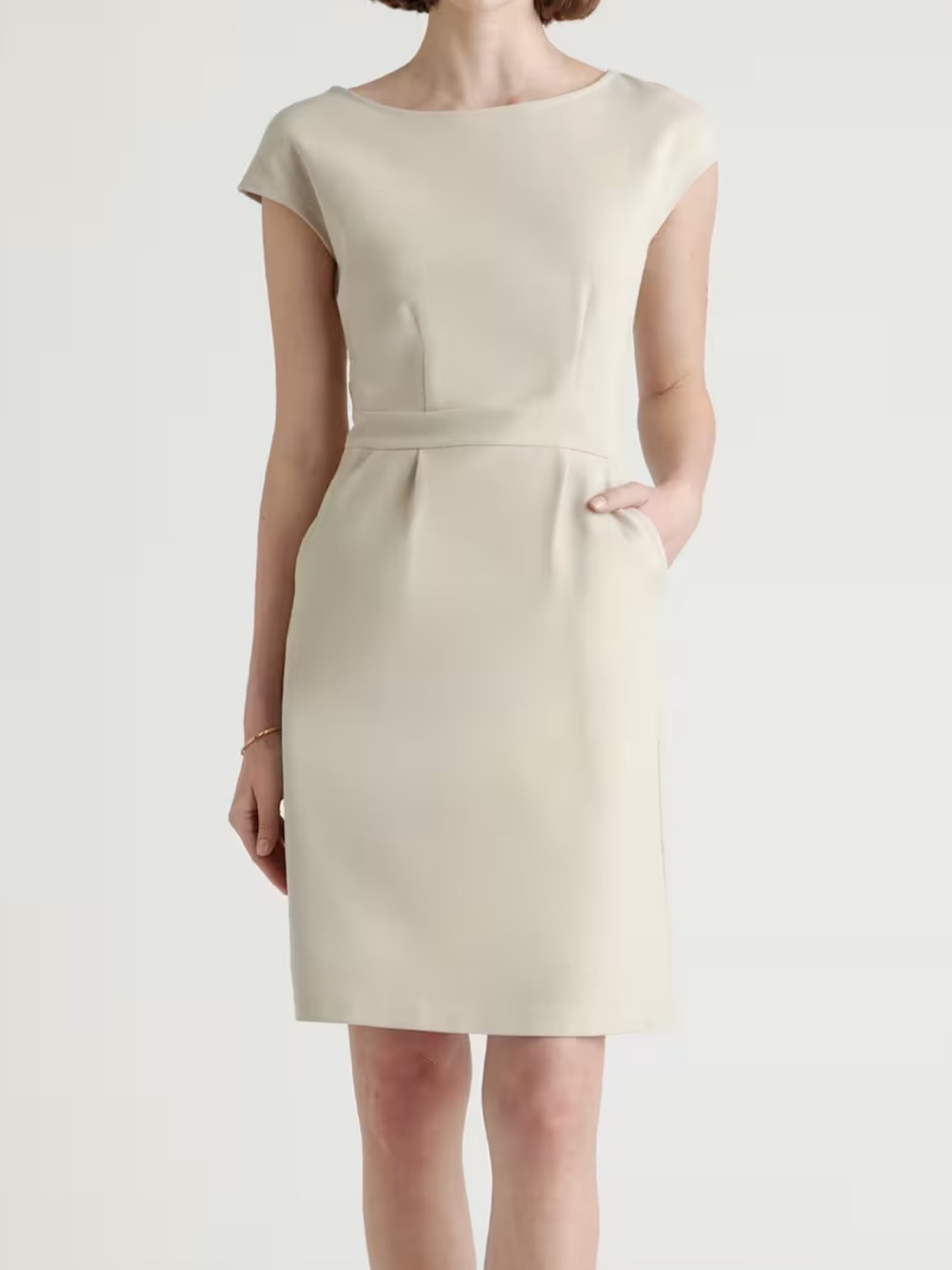 Quince Ultra-Stretch Ponte Cap Sleeve Dress Ecru Sheath Pocket NWT